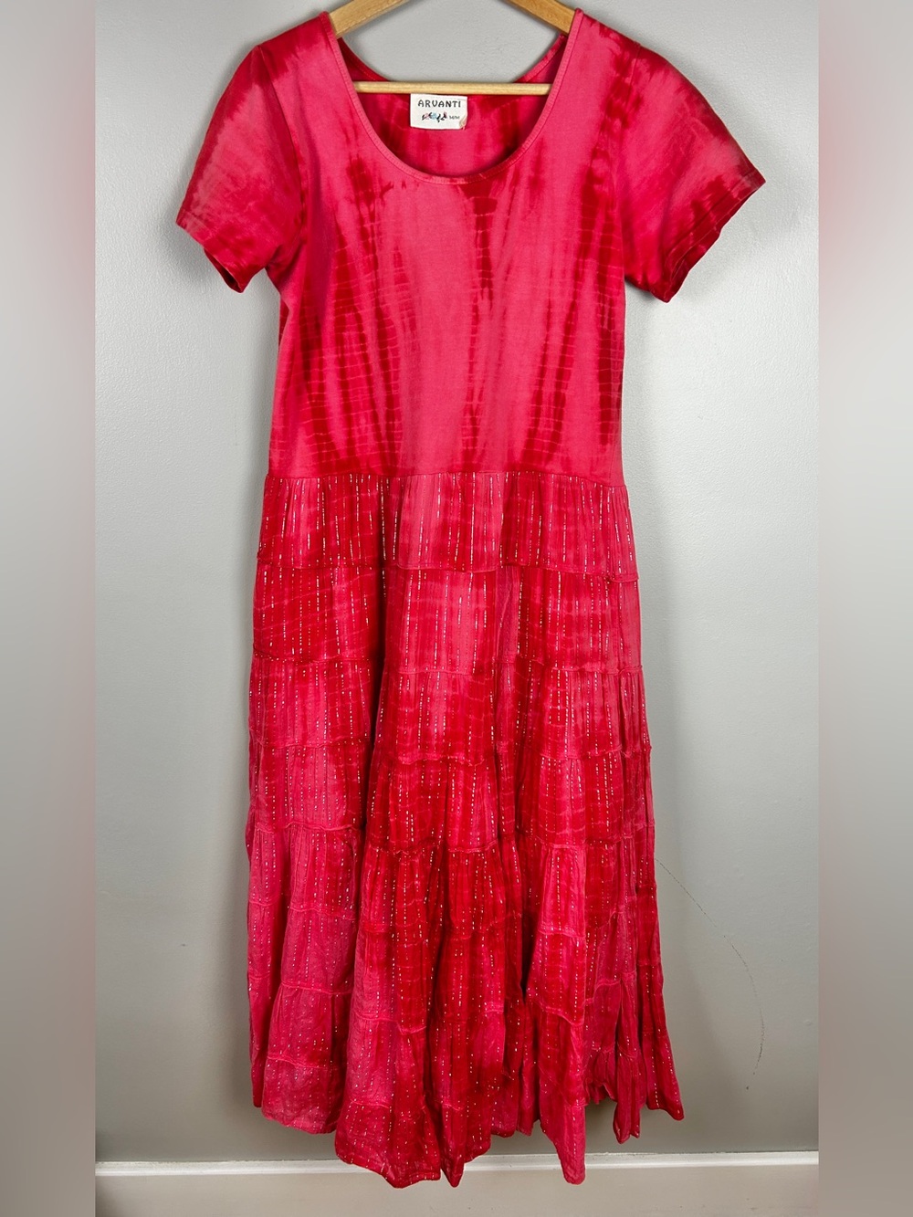 ARVANTI 90s Tiered Maxi Dress Pink Medium Tie Dye Metallic Boho Hippie Gypsy